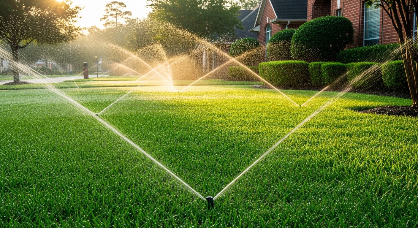 Green Houston lawn with sprinkler system running