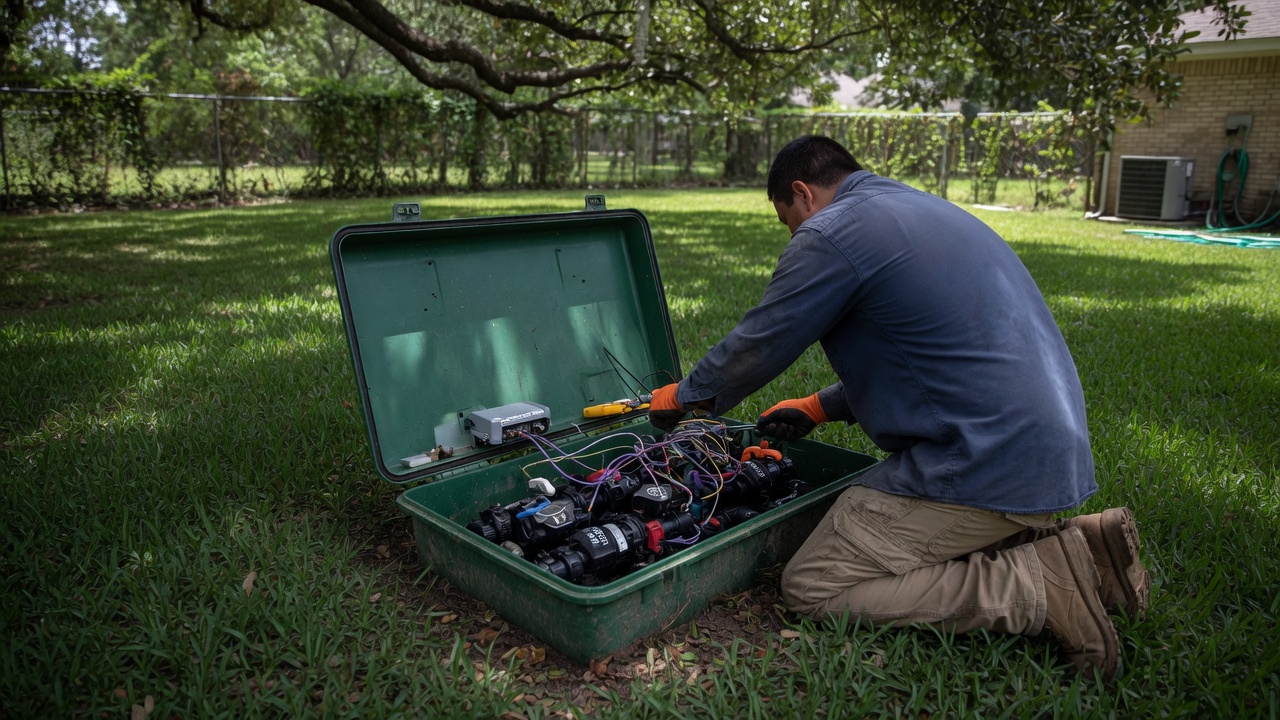 SprinklerRepair.com work truck on a Houston irrigation service call
