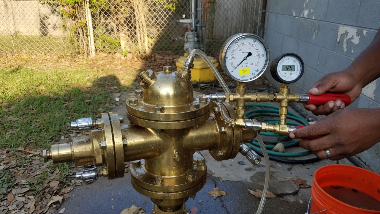 Backflow preventer test gauges on a Houston side-yard assembly