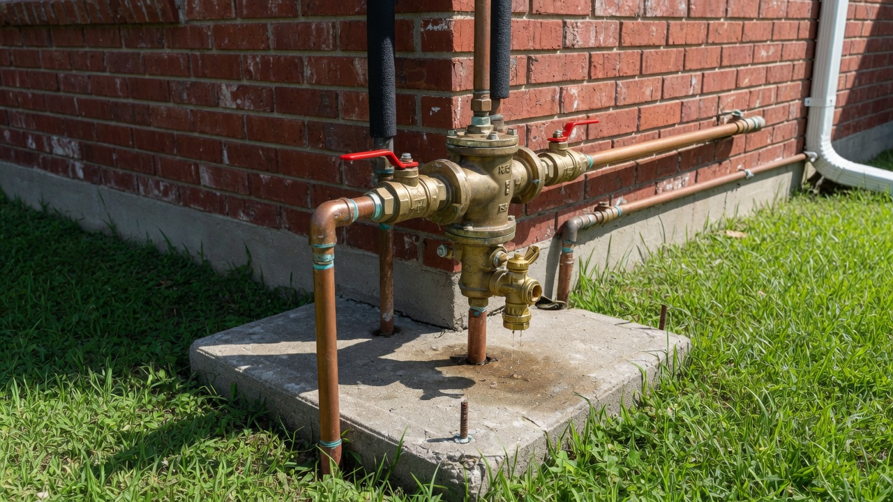 Licensed tester performing an annual backflow preventer test in Houston