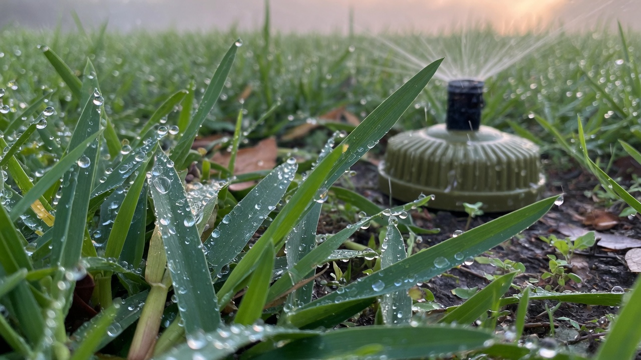 Houston sprinkler system running on green lawn