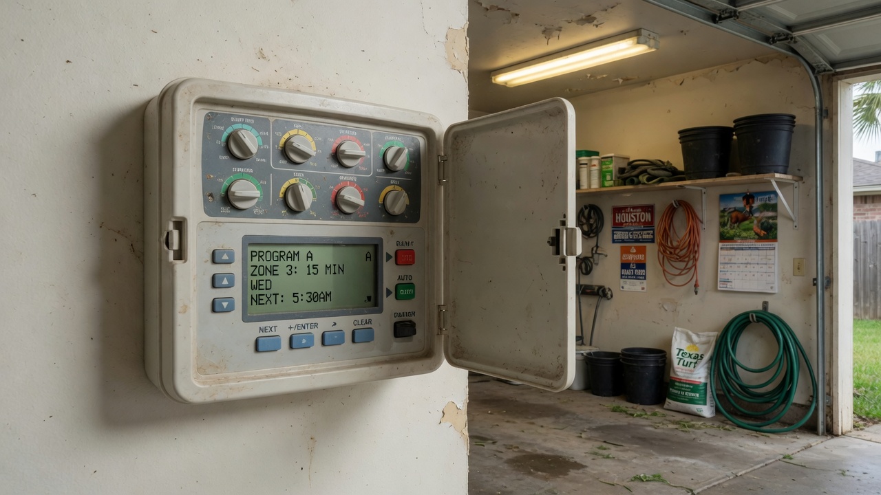 Houston irrigation technician programming a sprinkler controller mounted in a garage