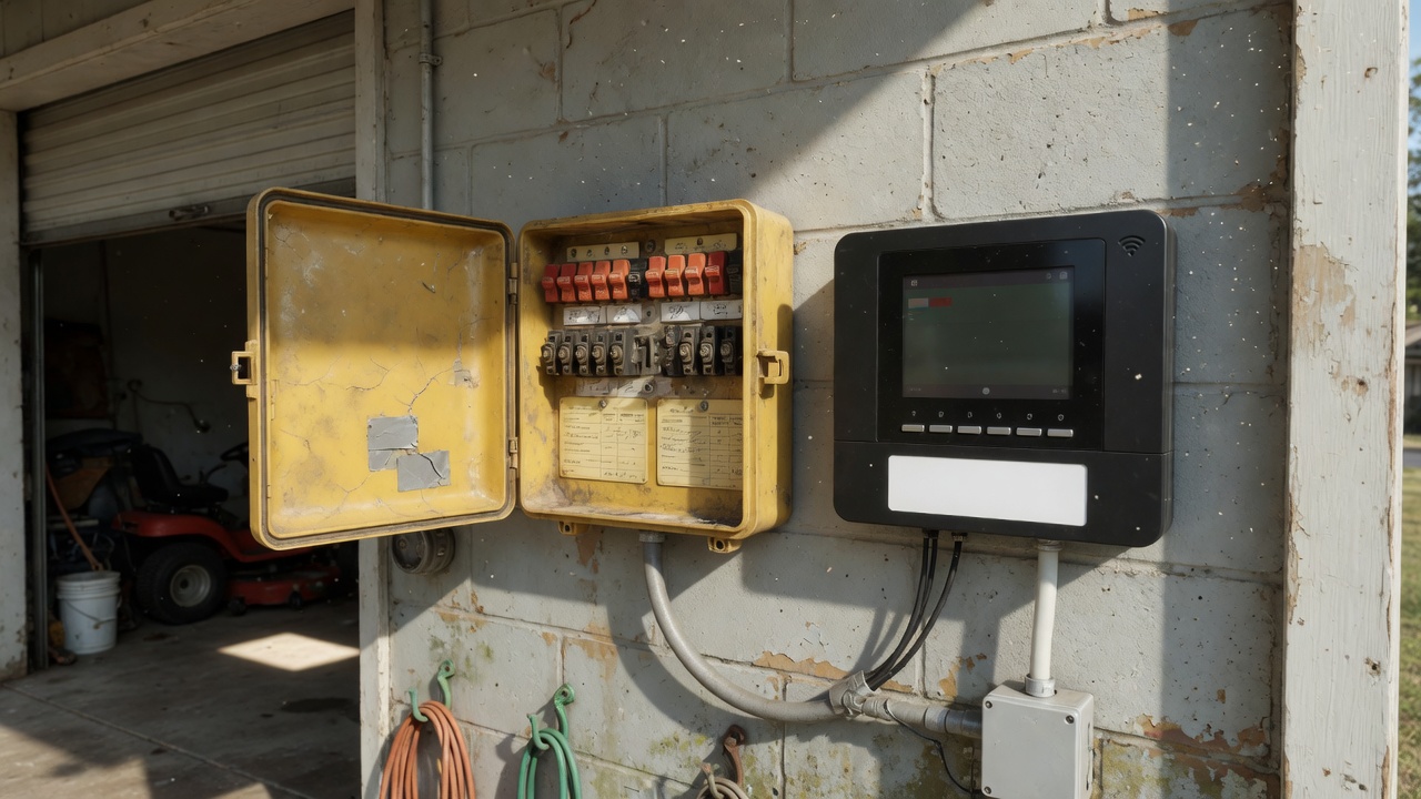 Old and new irrigation controllers on a Houston garage wall