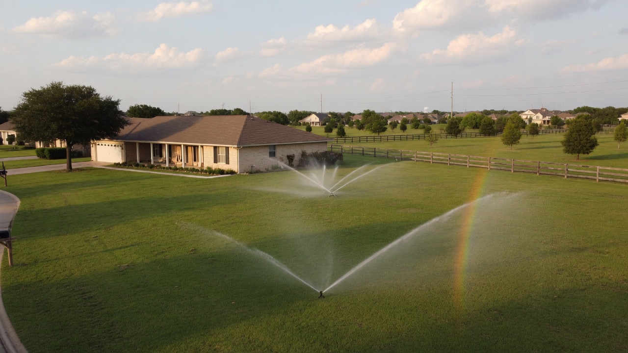 Large Cypress Texas lot with long-throw irrigation rotors under a wide sky