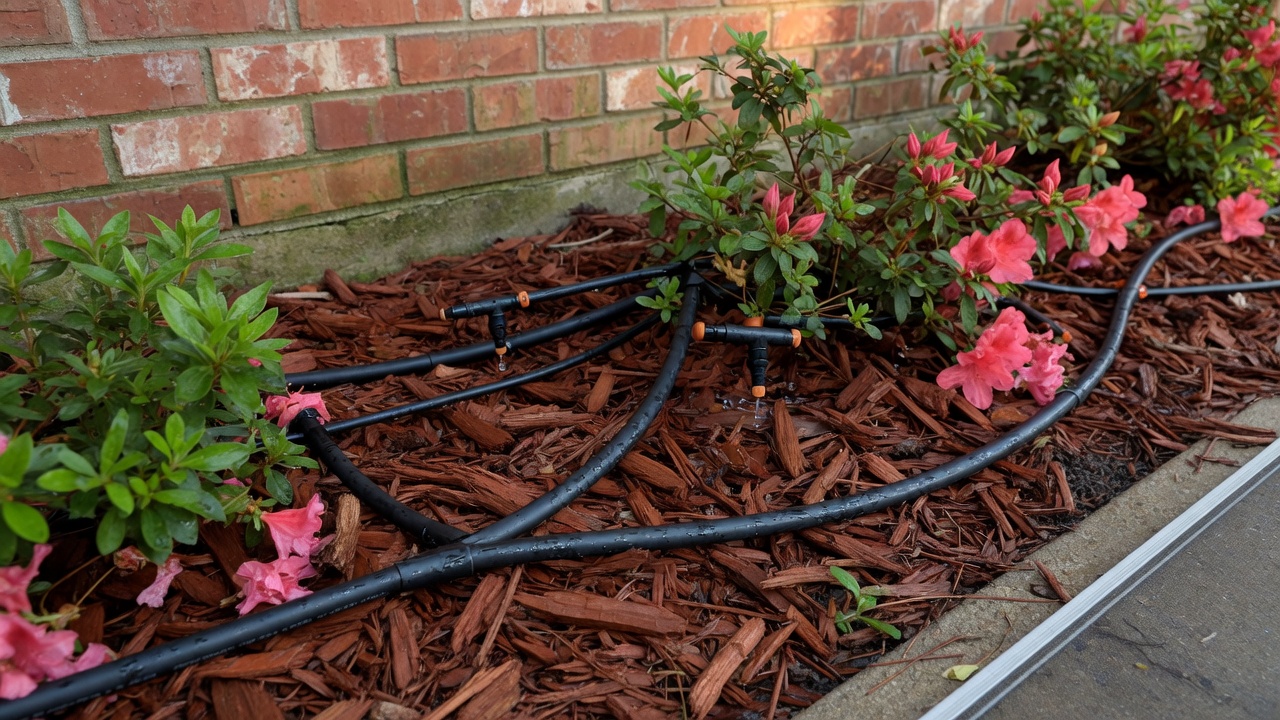 Well-watered Houston landscape with healthy beds fed by drip irrigation