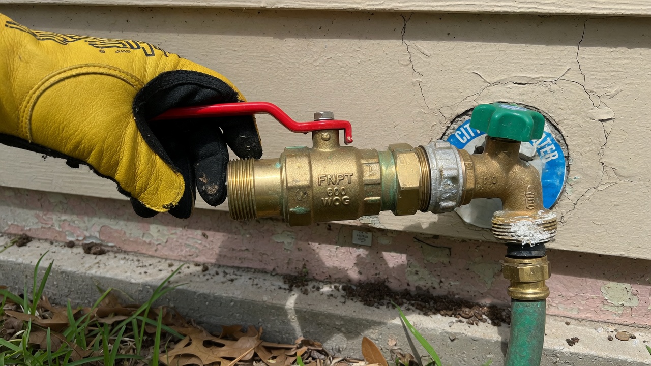Gloved hand turning an irrigation shutoff valve