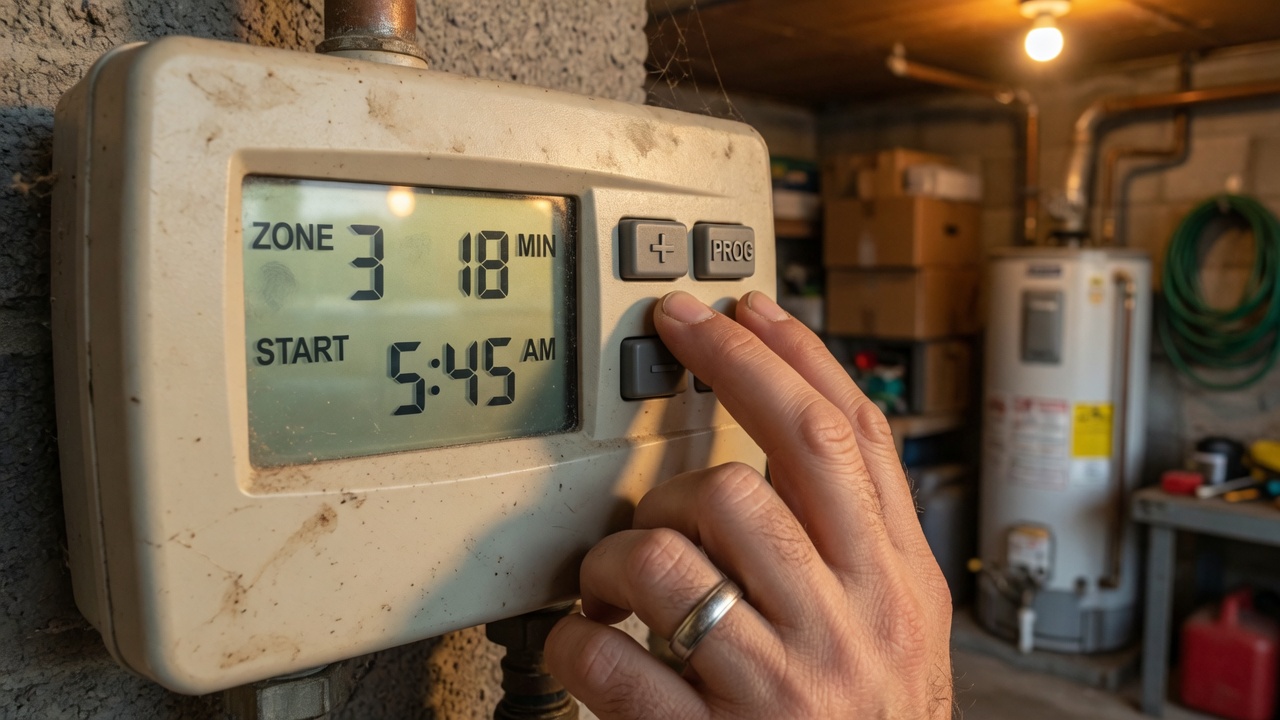 Irrigation controller being programmed in a Houston garage