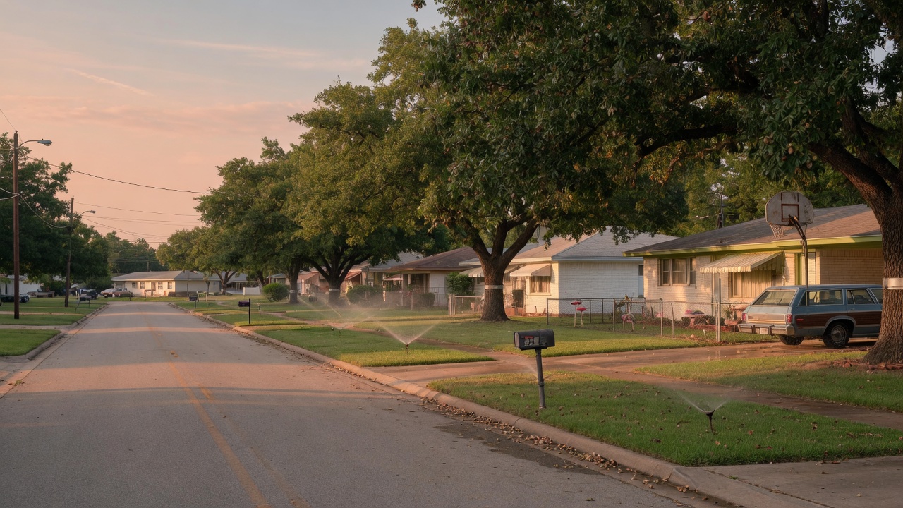 Friendswood Texas ranch home with mature pecan trees and pop-up sprinklers