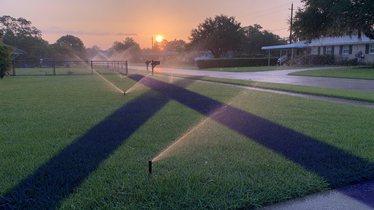 Dawn watering on a Houston St. Augustine lawn