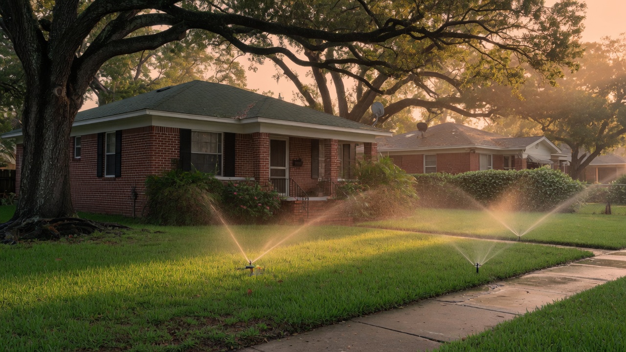 Live oaks and rotor sprinklers on a Memorial-area Houston lawn at dusk