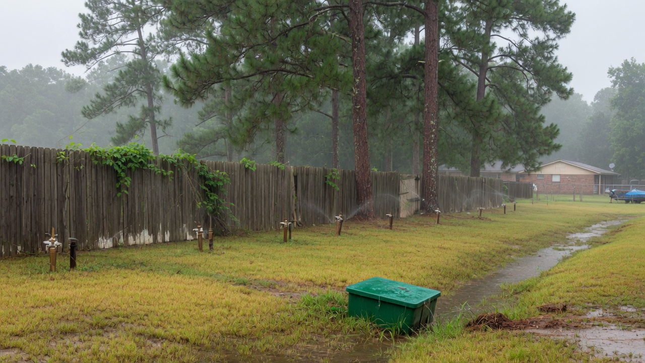 Humble Texas lawn with a low irrigation valve box in damp grass near pines