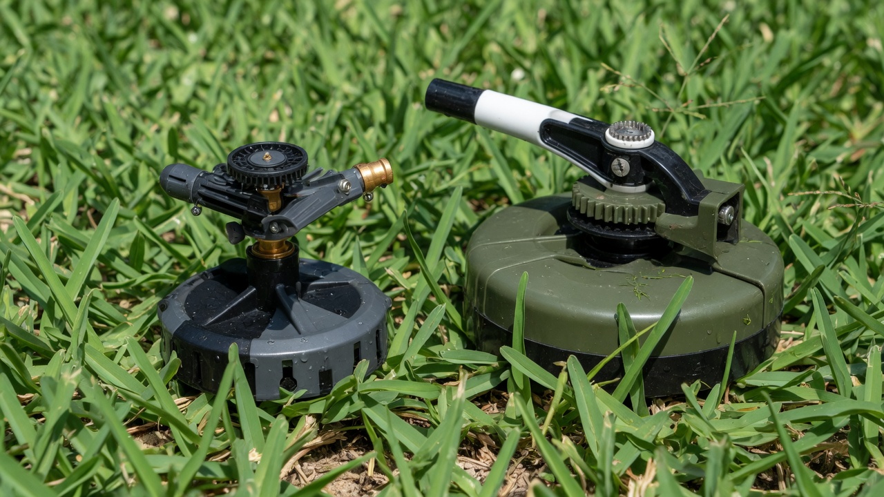 Spray pop-up and gear-drive rotor sprinkler heads on Houston grass