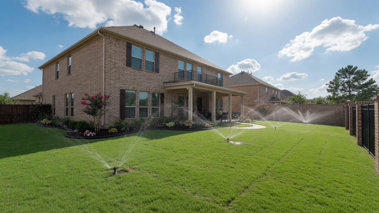 Wide Katy Texas backyard with rotary sprinklers covering a master-planned lawn