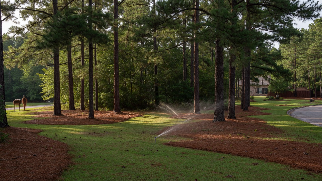 Kingwood Texas wooded lot with sprinklers in deep pine shade