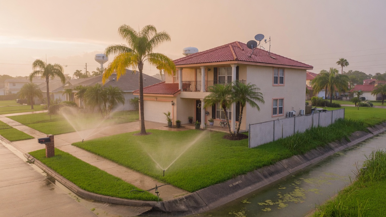 League City Texas coastal-suburban lawn with sprinklers and humidity haze
