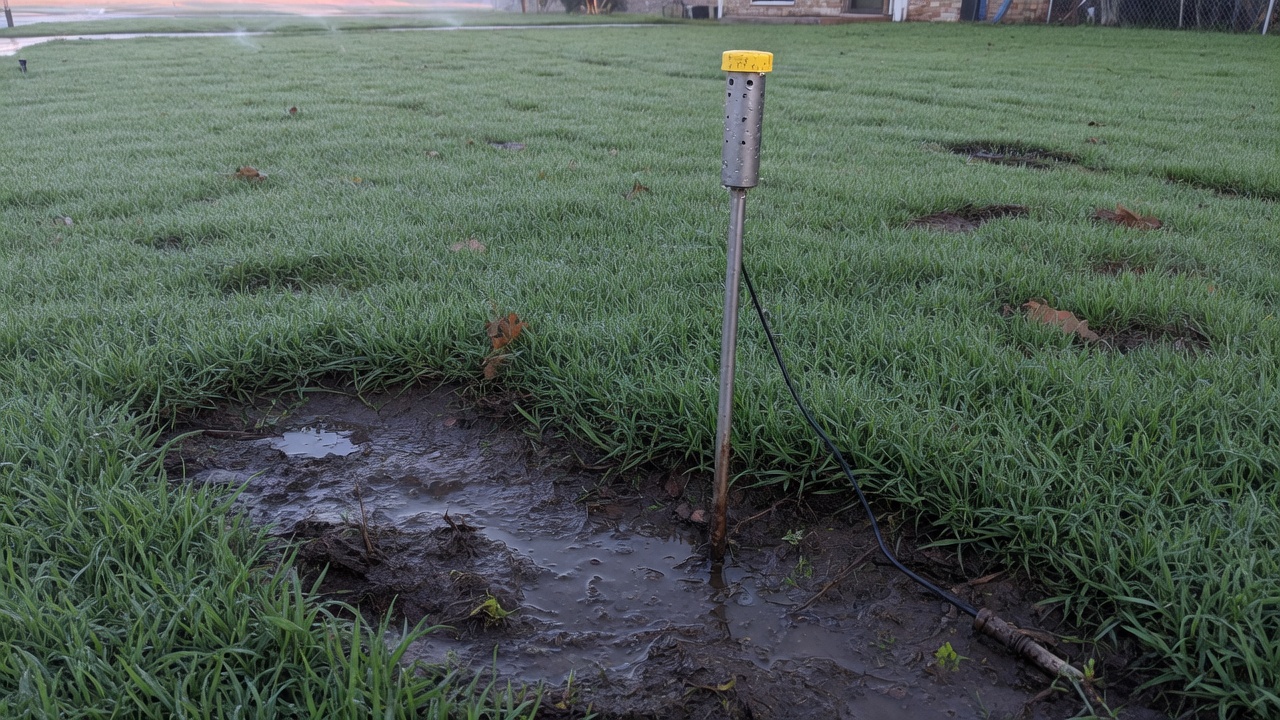 Houston sprinkler technician excavating a suspected underground irrigation leak in a clay-soil yard