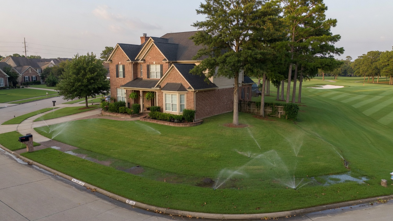 Missouri City Texas Quail Valley neighborhood lawn with even sprinkler coverage