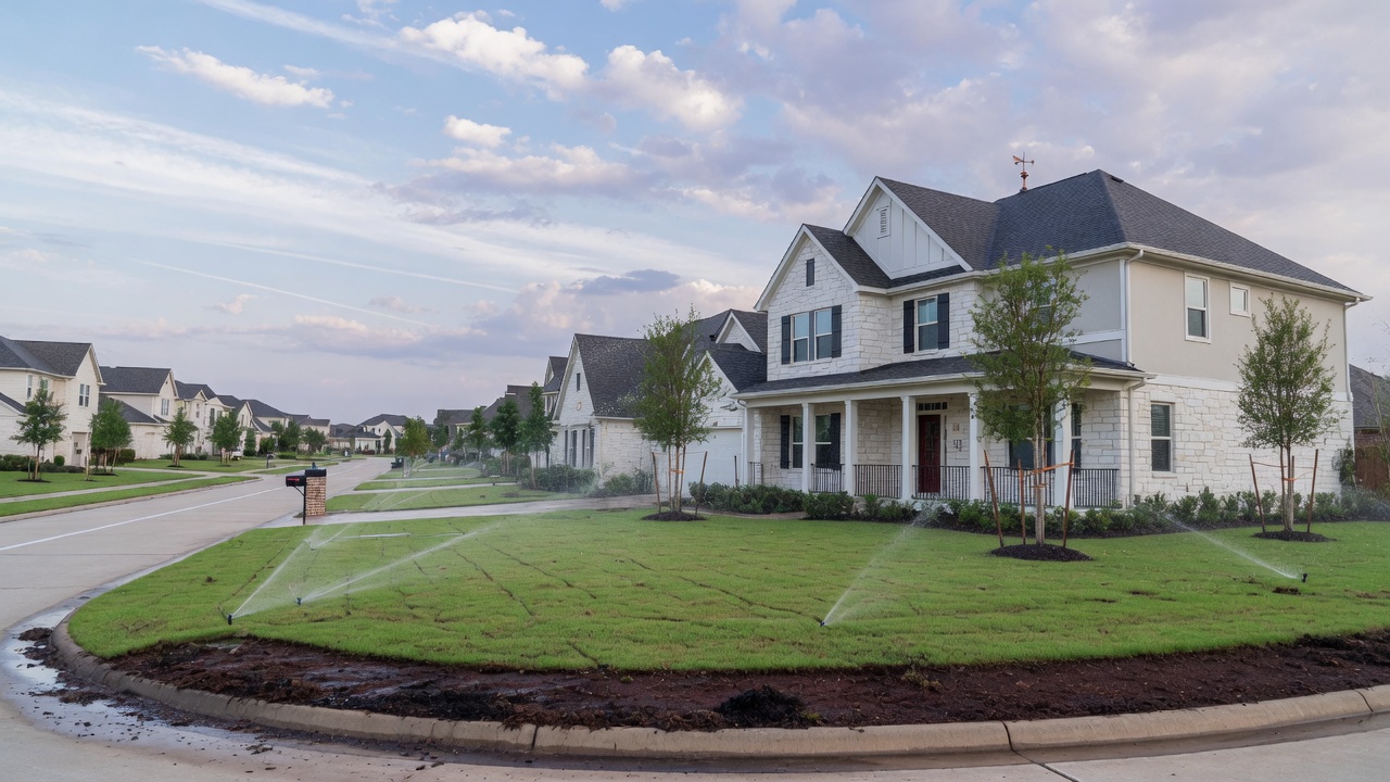 Pearland Texas subdivision lawn with sprinklers running under a wide Gulf Coast sky