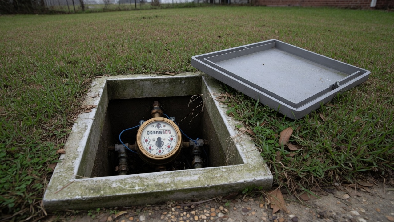 Open Houston water meter box in a front yard