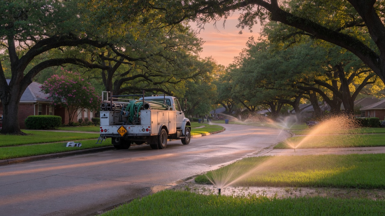Sprinkler system running across Houston Texas suburb