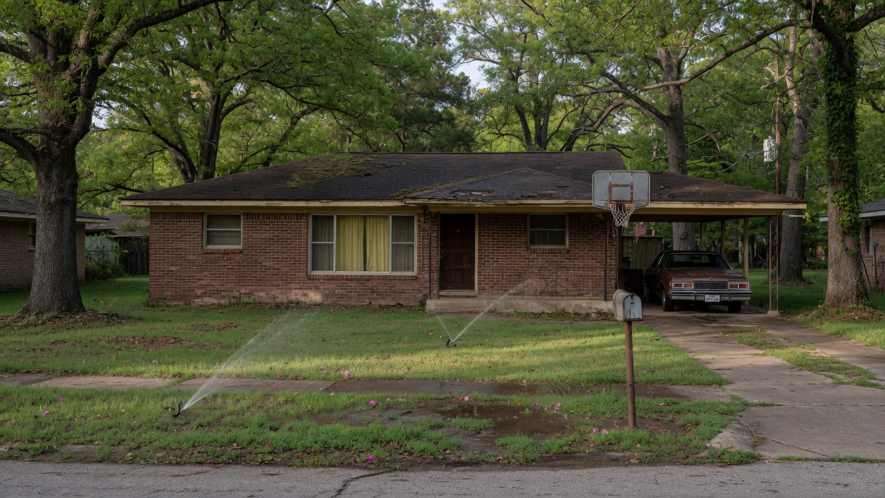 Older Spring Texas brick ranch with mixed-shade lawn and pop-up sprinklers
