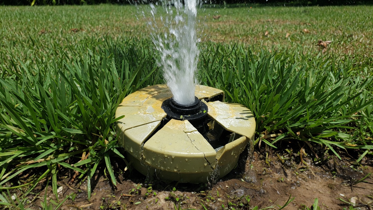 Close-up of a technician replacing a broken sprinkler head in a Houston lawn
