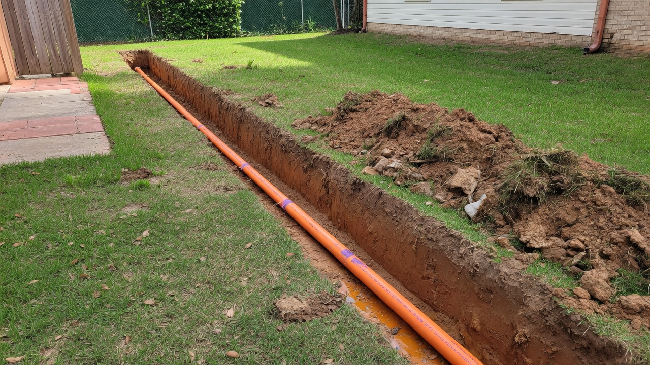 Sprinkler repair company work truck parked at a new sprinkler system installation in Houston