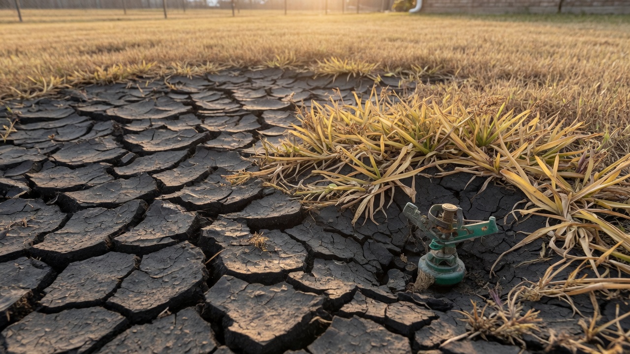 Dry cracked Houston clay lawn during watering restrictions