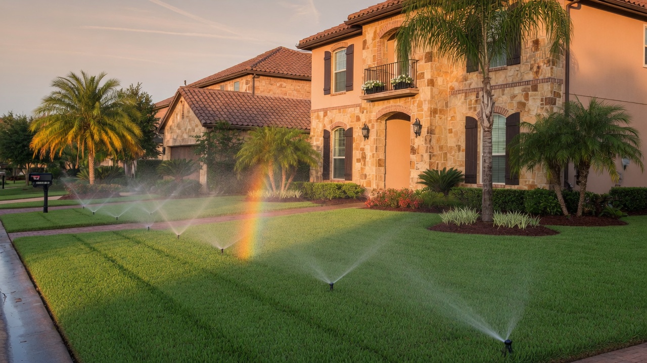 Manicured Sugar Land Texas HOA lawn with pop-up sprinklers and ornamental palms
