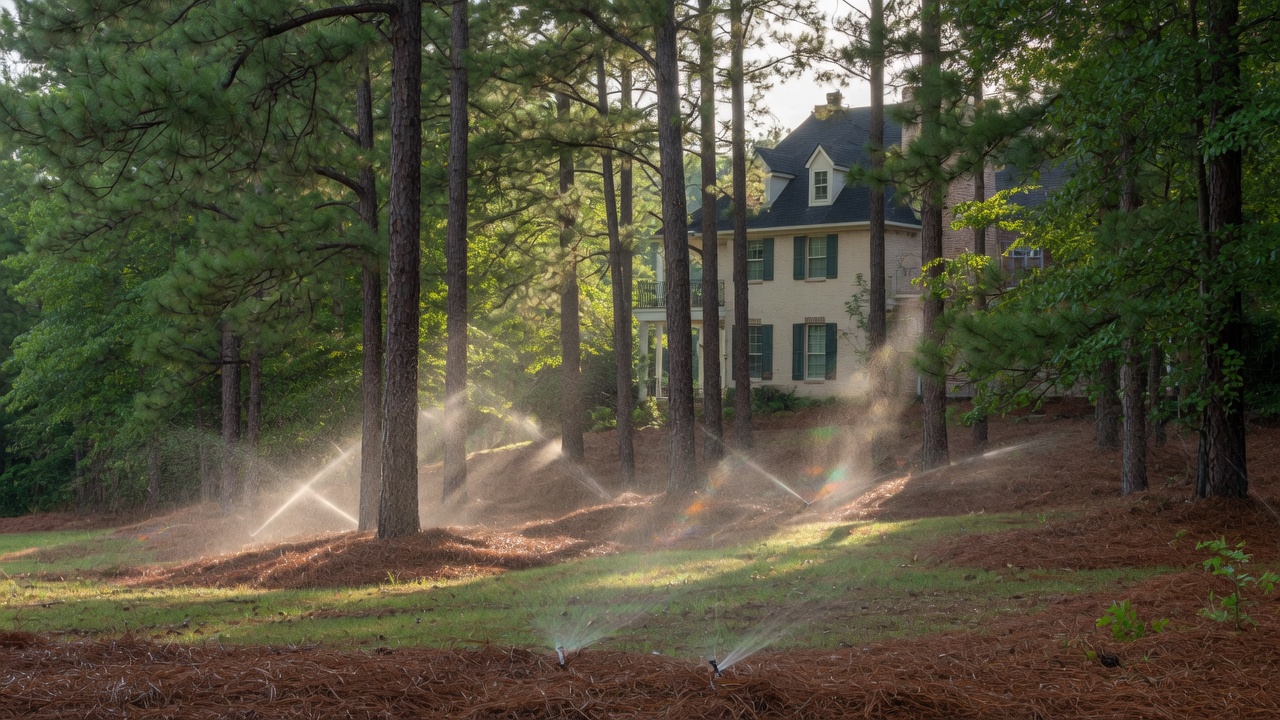 Pop-up sprinklers running under pine trees in The Woodlands Texas