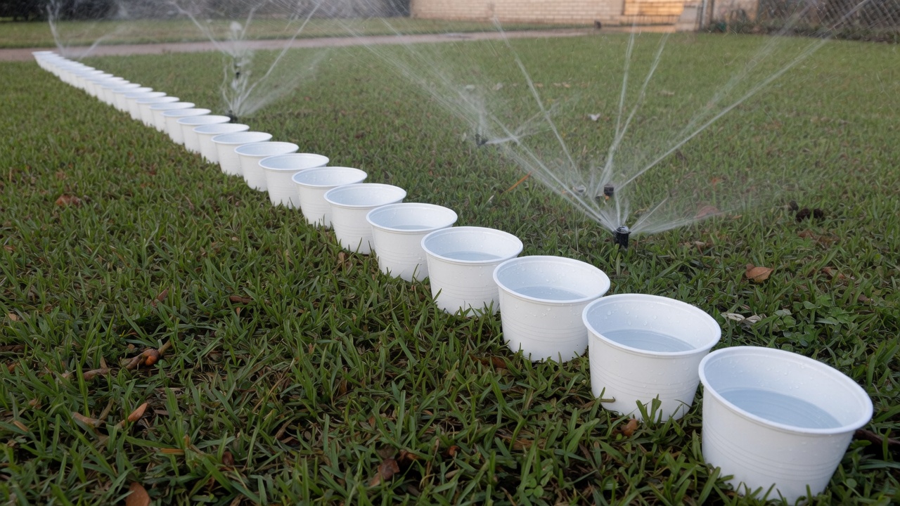 Houston licensed irrigator conducting a catch-can water audit on a residential sprinkler zone