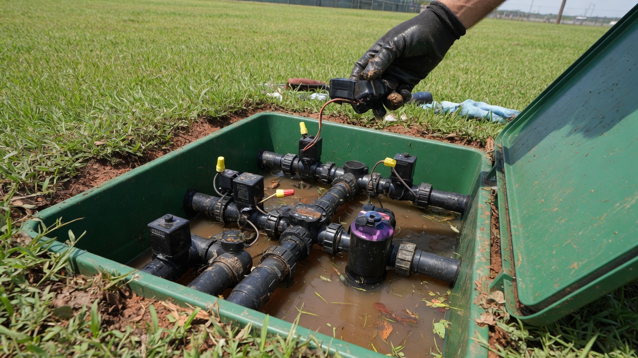 Technician rebuilding a Rain Bird irrigation zone valve in a Houston yard