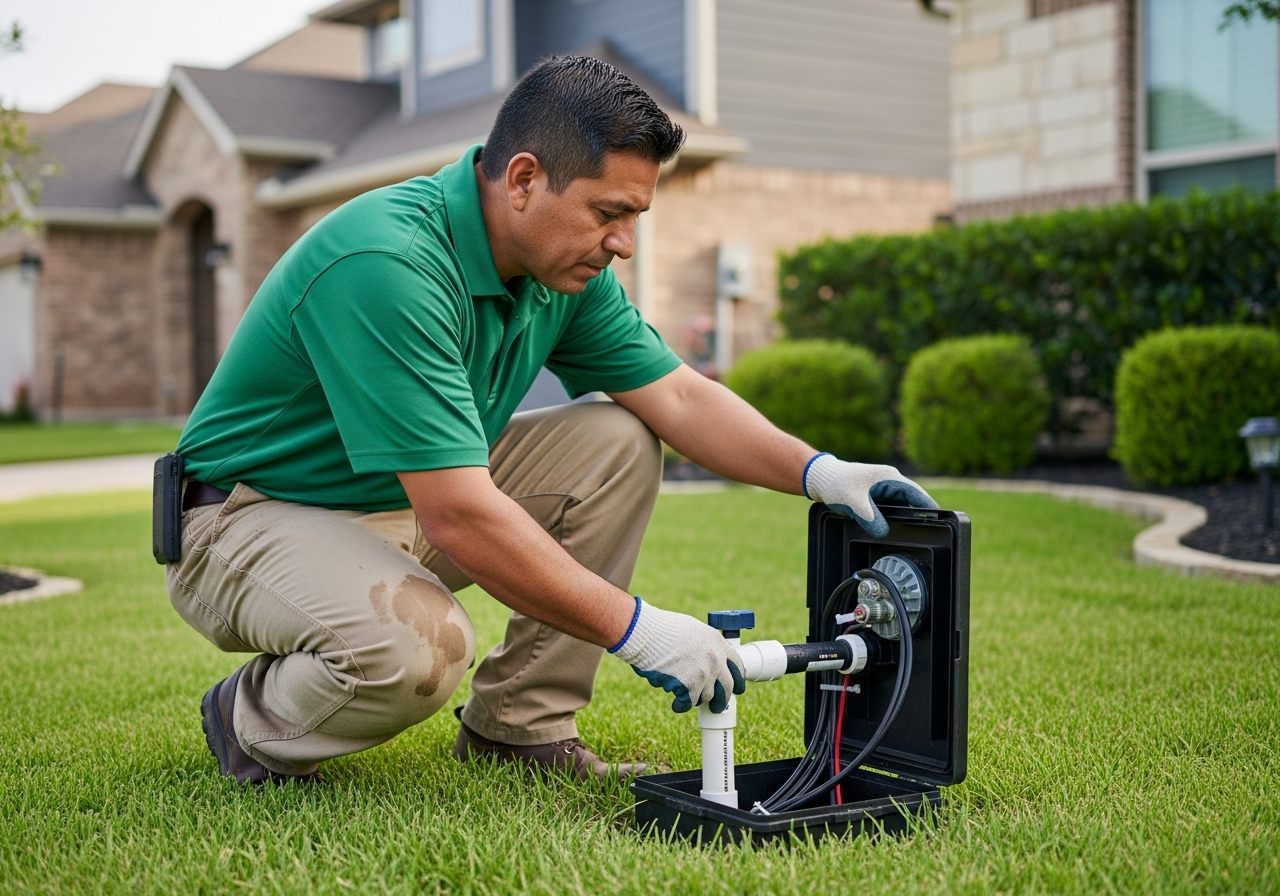 Owner of SprinklerRepair.com working on an irrigation valve in Houston