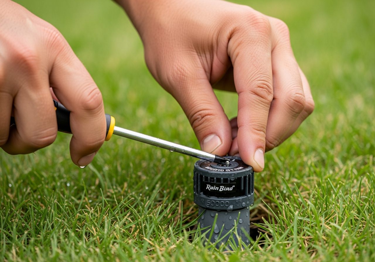 Irrigation technician adjusting sprinkler head in Houston lawn