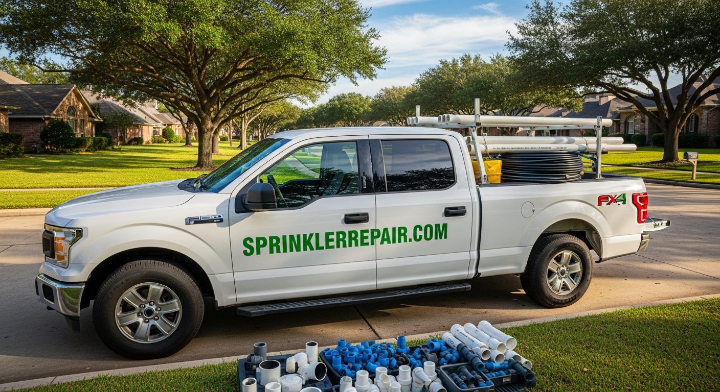 SprinklerRepair.com work truck in Houston Texas neighborhood