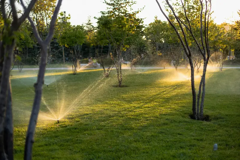 Pop-up sprinklers watering a green lawn among trees in golden evening light