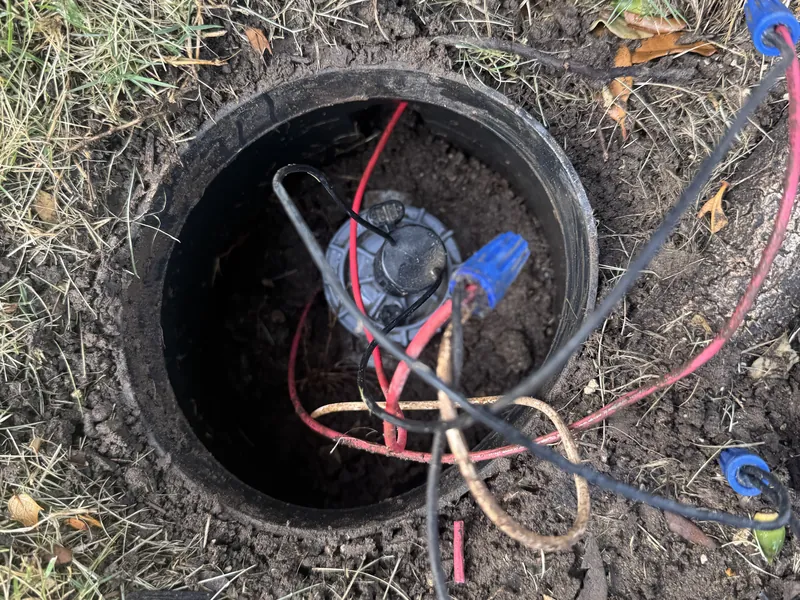 Sprinkler valve in a round valve box with red, black and blue wires and wire connectors spread over the grass