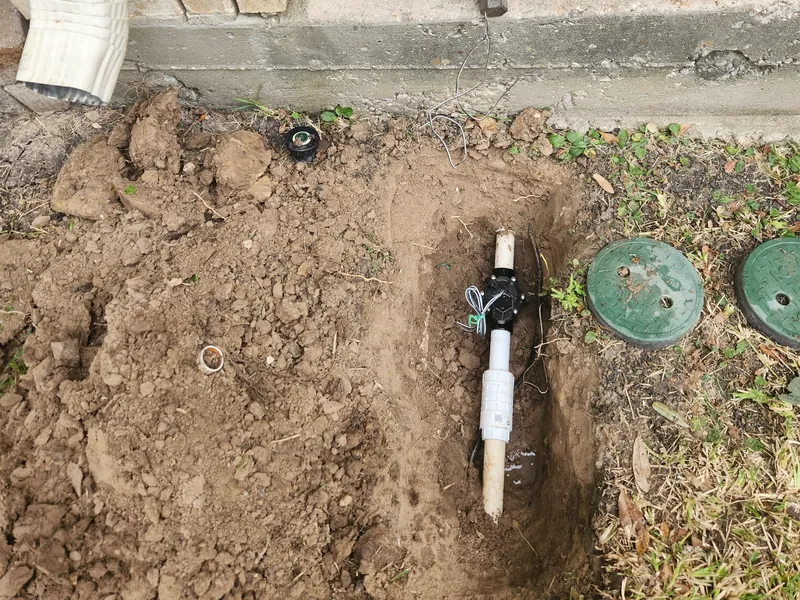 Open trench in front of a house foundation exposing a sprinkler valve on PVC pipe, with two green valve box lids beside it