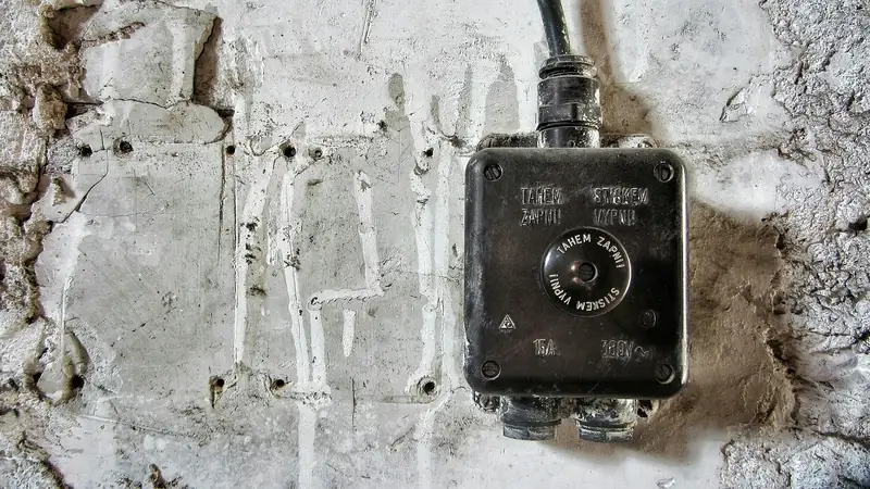 Weatherproof electrical box mounted on an outdoor wall